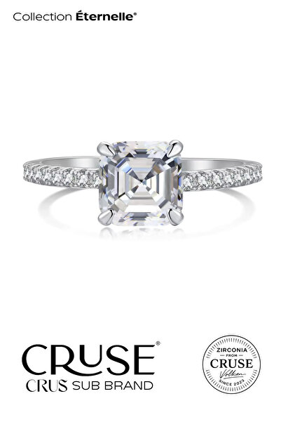 Cruse 925 Ayar Gümüş Asscher Kesim Tektaş Yüzük 18 Ayar Beyaz Altın Kaplama