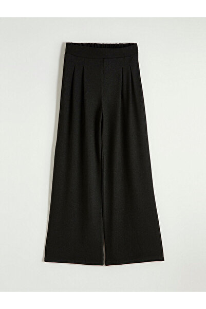LC Waikiki Black Wide Leg Women's Pleated Trousers with Elastic Waist
