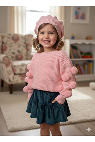 GÜL Baby Girl's Pom-Pom Knit Sweater and Velvet Skirt Set (Hat Included)