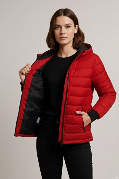 İNDİRİM MODAM Kadın Kapüşonlu Mont Ceket Su İtici Kumaş Kapitone Astarlı