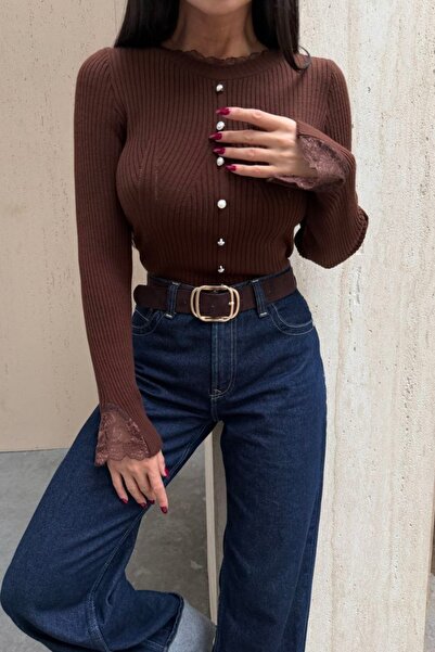 Auroveen Basic Lace Detailed Ornamental Buttoned Crew Neck Knitwear Blouse Av...