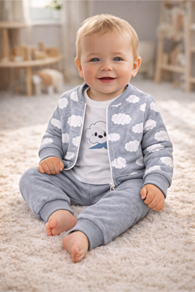 Bebişto Cloud Patterned Zippered Baby Set 100% Cotton Gray Set of 3 (Jacket +...