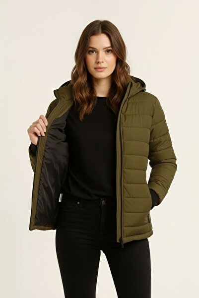 İNDİRİM MODAM Kadın Kapüşonlu Mont Ceket Su İtici Kumaş Kapitone Astarlı