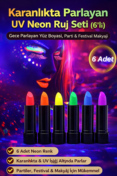 Tamsena Store Karanlıkta Parlayan UV Neon Ruj Seti (6’lı) – Gece Parlayan Yüz...