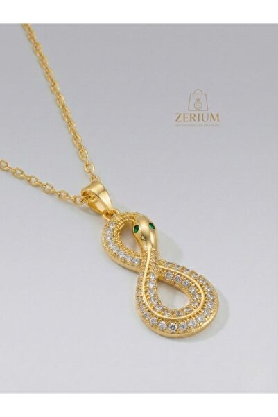 ZERİUM Snake Detailed Infinity Steel Necklace Gold Color Premium Modern Series