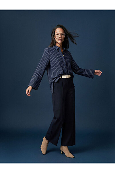 LC Waikiki Navy Blue Wide Leg Women's Trousers with Stitching Detail