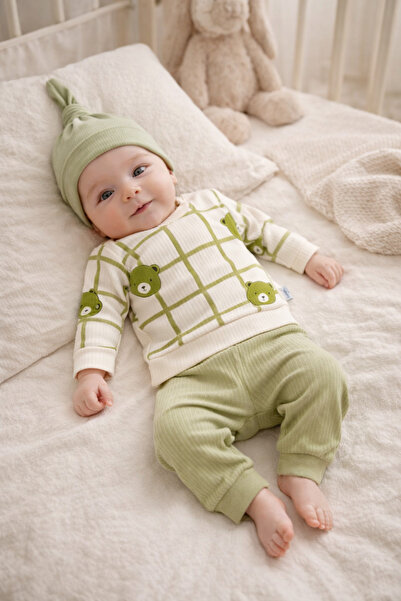 MYZİ STORE 3-Piece Baby Set Bear Patterned Ecru Sweatshirt + Khaki Pants + Kn...