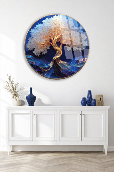 TAULART Abstract Tree of Life White Leaves Unbreakable Glass Painting