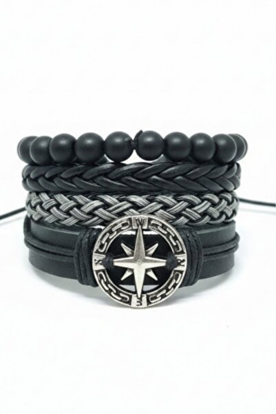 BSN Store 4-Piece Premium Compass Design Genuine Leather Bracelet Real Leathe...