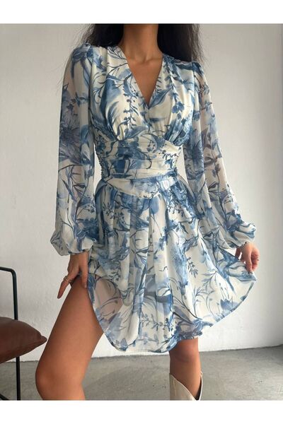 hillone Chiffon V-Neck Patterned Mini Dress