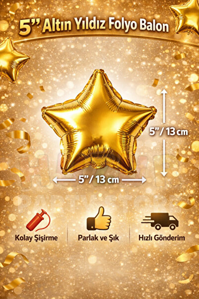 Huzur Party Store 13 Cm Gold Yıldız Folyo Balon Seti 6 Adet 5″ Küçük Yıldız D...