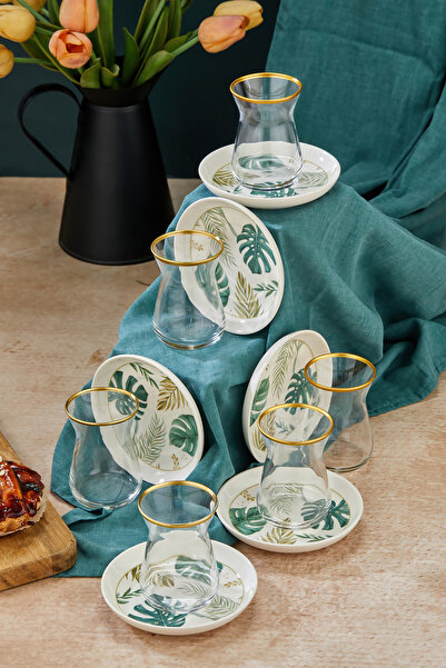 ers erbaşlar Leaf Patterned Gold Decorated 12 Piece Tea Cup Set for 6 People,...
