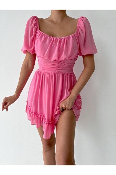 hillone Şifon Mini Elbise Pembe