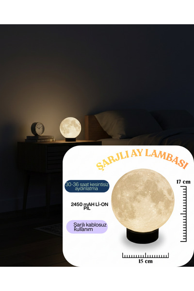3DcraftTr Şarjlı Ay Lambası 17cm - 2450 mAh Ultra Güçlü Batarya Kesintisiz Ay...