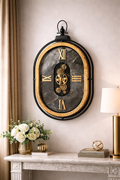 hediyeconcepti Mekanik Detaylı Lüks Duvar Saati – Mermer Desenli, Altın Roma ...