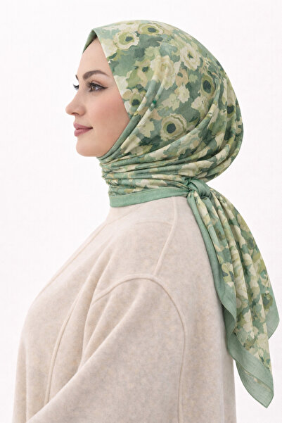 VALURESS Su Yeşili Pamuklu Desenli Dijital Bambu Kraş Eşarp, Yumuşak Dokulu, ...