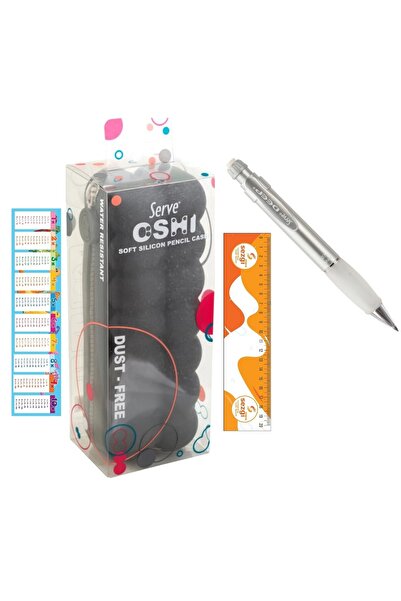 Serve Oshi Silikon Kalemkutusu (Koyu Gri) ve Deep Metalik Gri Versatil Kalem ...