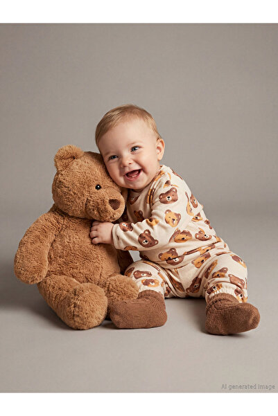 LC Waikiki Lcw Baby Ekru Teddy Bear Printed Baby Boy Sweatshirt and Sweatpants