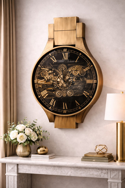 hediyeconcepti Mekanik Dişli Detaylı Lüks Duvar Saati – Altın Gövdeli Vintage...