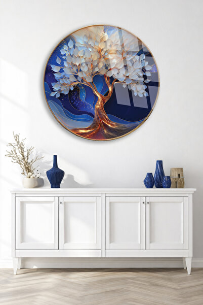 TAULART Modern Blue Tones Golden Tree of Life Unbreakable Glass Painting