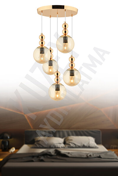 KUZEY AYDINLATMA ŞİMAL 5 Lİ GOLD GLOP CAMLI MODERN ŞIK KLASİK AVİZE AYDINLATMA