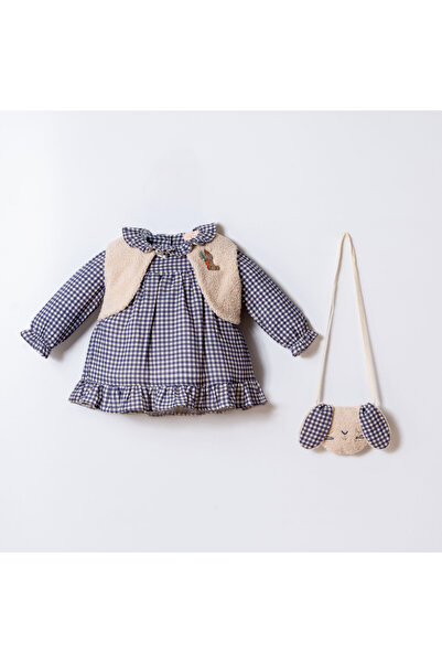 blumi kids Pötikare Tavşan Detaylı Kız Çocuk Elbise Seti - Lacivert