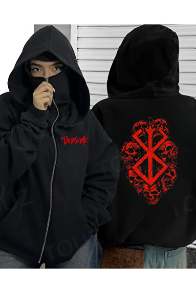 Le Savu Berserk Series Printed Unisex Black Sweatshirt with Balaclava Mask an...