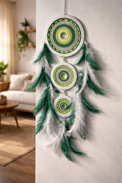 DecorDrive Yeşil Beyaz El Yapımı Dekoratif Düş Rüya Kapanı – Nazar Koruyucu D...