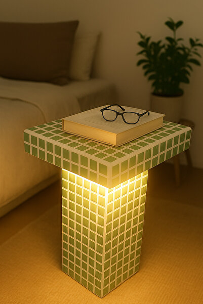 stork woods Işıklı Mozaik Yan Sehpa | LED Aydınlatmalı Modern Komodin | El Ya...