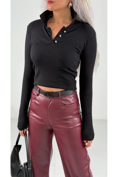 KAROL Siyah Cropped Taş Düğmeli Fitilli Uzun Kollu Kadın Bluz