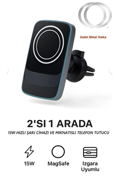 Zoli 15W Manyetik Magsafe Araba Kablosuz Led Işık Çerçeveli Şarj Standı ve Te...