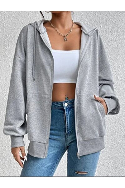 VİBES Plain Basic Cardigan - Zippered Oversized Hooded Fleece-Lined