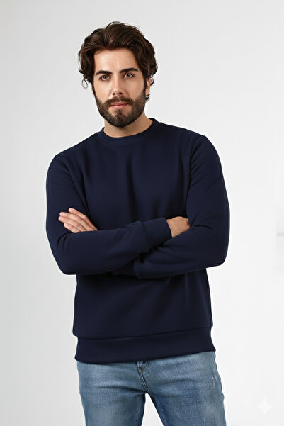 BEDUCA , Navy Blue, Three Thread Men's Basic Sweatshirt