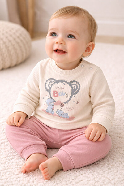 MYZİ STORE Baby Kids 2-Piece Set Cool Bear Printed Ecru Ribbed Sweatshirt + G...
