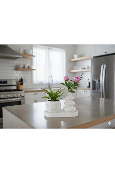 Crealis 3'lü El Yapımı Dekoratif Obje Seti Vernikli Taş Tozu Saksı, Vazo ve O...