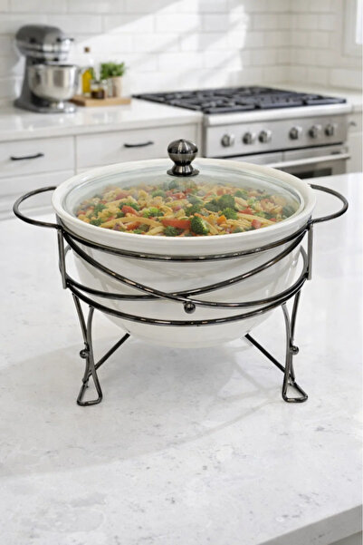 Urbanza Round Chafing Dish with Glass Lid & Metal Stand – 3.3 Liter Serving Bowl