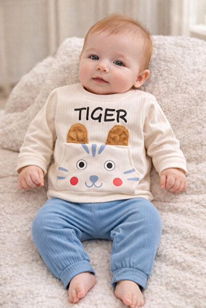 MYZİ STORE Baby Kids 2-Piece Set Cool Bear Printed Ecru Ribbed Sweatshirt + G...