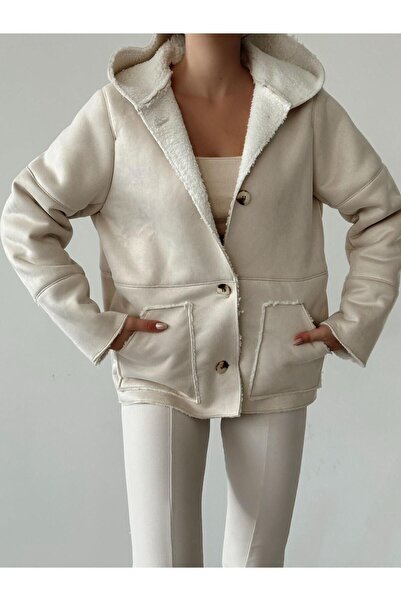 hillone Suede Hooded Fur Lined Coat Ecru