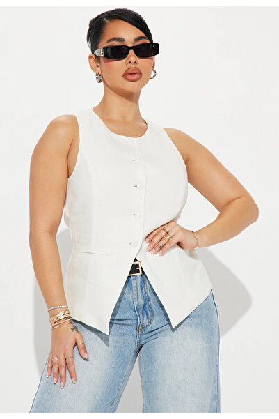 FASHION NOVA Τσάρλεστον Λινό Γιλέκο - Υπόλευκο,