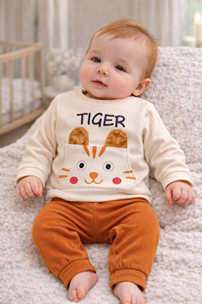 MYZİ STORE Baby Kids 2-Piece Set Cool Bear Printed Ecru Ribbed Sweatshirt + G...