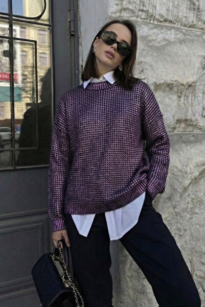 oshebu Women's Round Neck Glitter Sweater