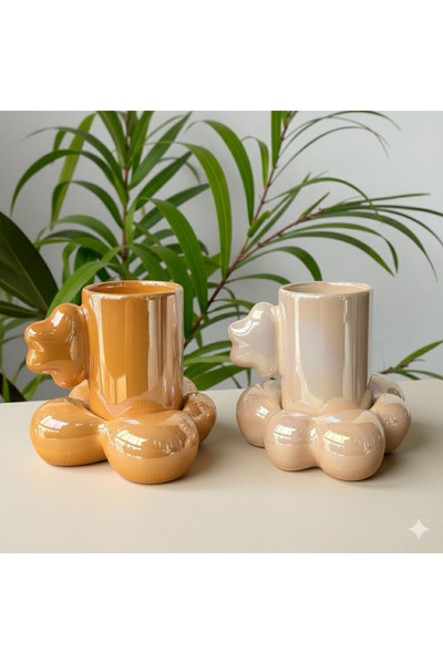 Deniz Kızı Seramik 2-Piece Seded Flower Cloud Cup Mink - Mustard / Handmade C...