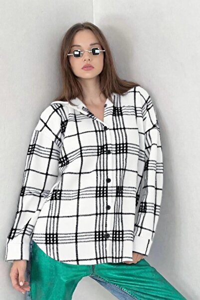 Miss Poem Ecru Plaid Patterned Hooded Women's Shirt