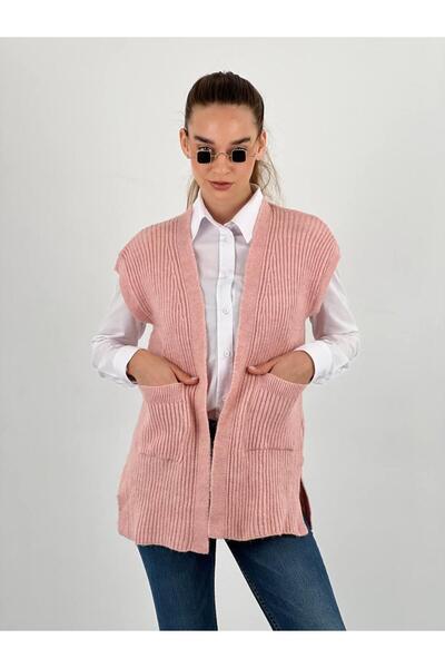 Miss Poem Women's Powder Buttonless Pocketed Long Knit Cardigan