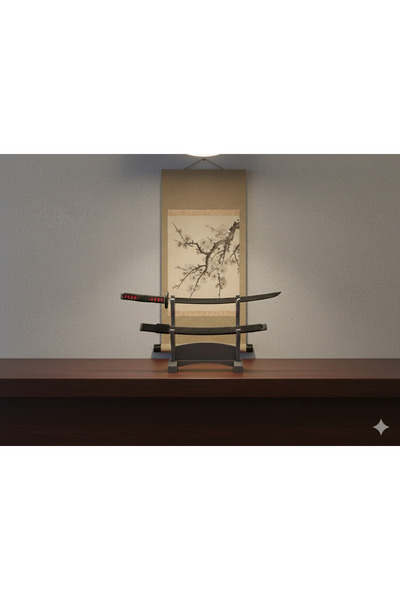 vetria Standlı Mini Kılıç Figürü - Siyah Kırmızı Detaylı Japon Kılıcı Obje