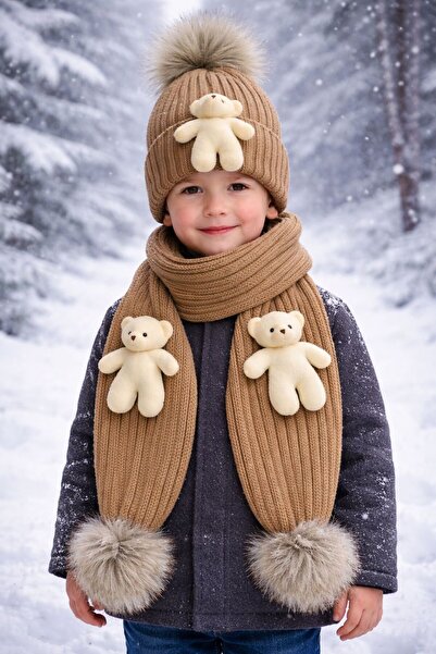 ues Cafea cu lapte, tricotaj, eșarfă, beretă, cu un singur pompon, ursuleț