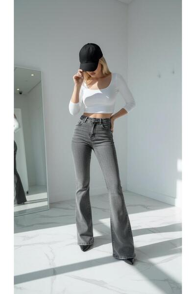 comfort jeans Likralı Kar Gri Kadın Ispanyol Paça Kot Pantolon Yüksek Bel Jea...