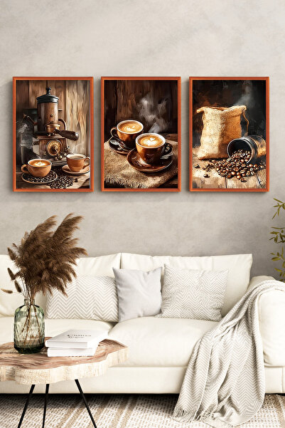 kutuTR BAKIR Ahşap Çerçeveli 2D UV Baskı 3’lü MDF Tablo Set – Fincan ve Çekir...