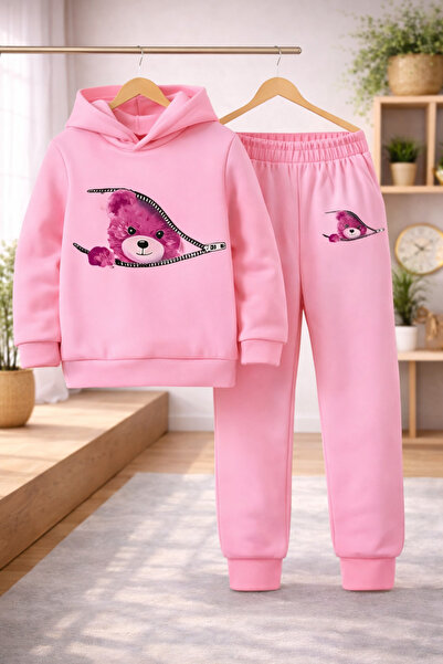 Kids Teddy Bear Printed Pink Children's Bottom-Top Set