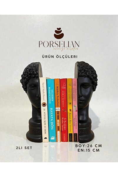 Porselian 2'li Set Dekoratif Beton Antik Büst Kitap Tutacağı 26 cm Siyah Heyk...
